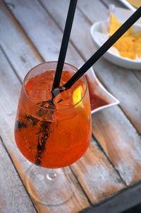 High angle view of drink on table