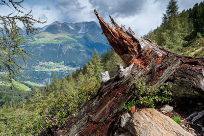 Scenic view of land and mountains against sky