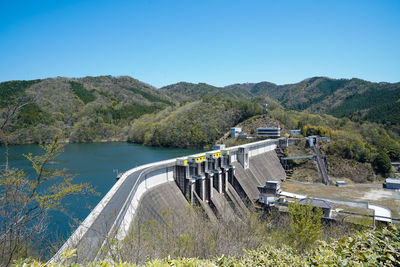 Scenic view of dam against clear blue sky