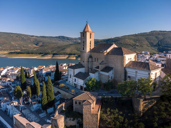 Panoramic of iznajar town in andalusia seen from aerial view of drone