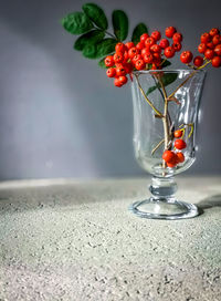 Red berries on glass table