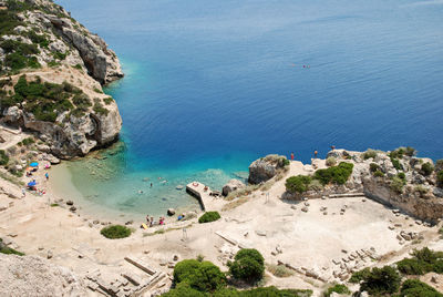 High angle view of beach against blue sky