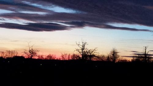 Silhouette of trees on landscape against cloudy sky
