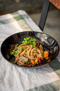 High angle view of salad in plate on table