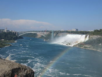 Scenic view of river against clear blue sky