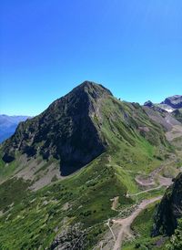 Scenic view of mountains against clear blue sky