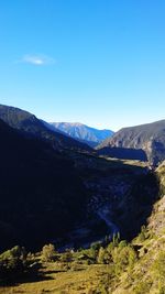 Scenic view of mountains against clear blue sky