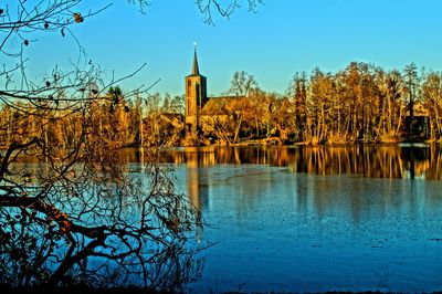 Scenic view of lake against clear sky