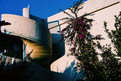 Low angle view of tree by building against sky