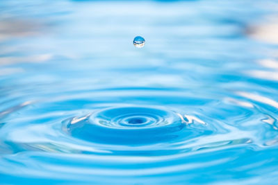 Close-up of drop falling in blue water