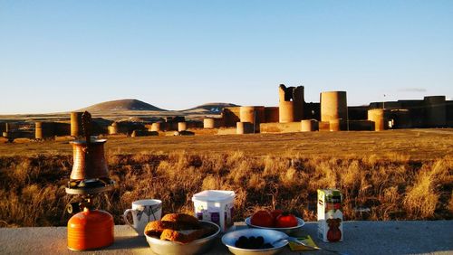 View of breakfast on table against clear sky