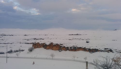 Scenic view of snow covered landscape against sky