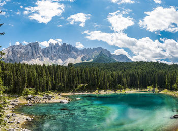 Enchanted panorama. lake of carezza. dolomites, italy