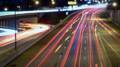 Light trails on road at night