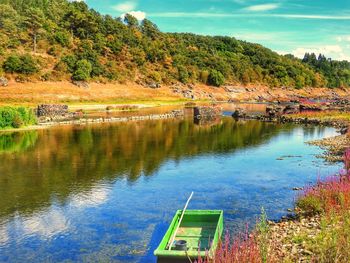 Scenic view of lake by trees against sky