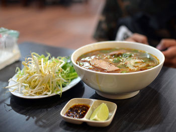 Close-up of soup in bowl on table