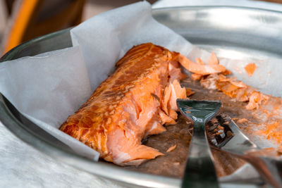High angle view of meat in plate on table