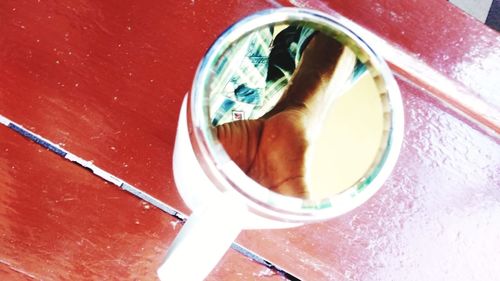 High angle view of empty drinking glass on table