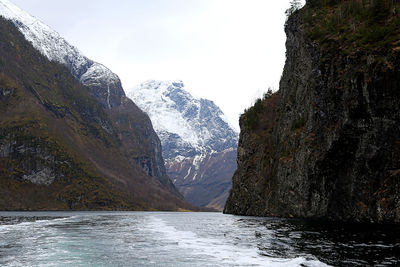 Scenic view of river by mountains against sky