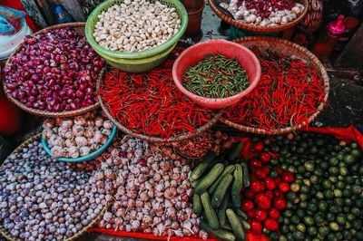 High angle view of various spices for sale at market stall