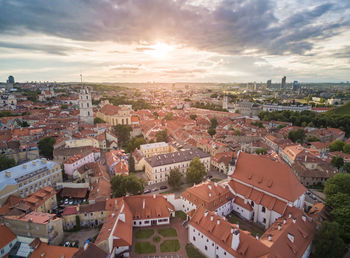 Vilnius old town with many old streets and cathedral square and bell tower in background. lithuania