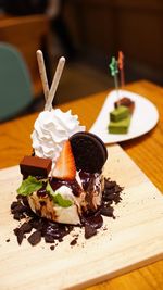 High angle view of cake in plate on table