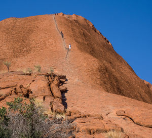 Low angle view of person on rock against sky