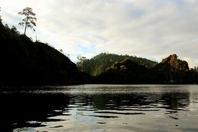 Scenic view of lake by mountains against sky