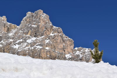 Low angle view of rocky mountains against clear blue sky