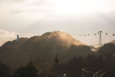 Landscape of the mountain full of forest trees, cable cars, big buddha in the foggy cold morning sun