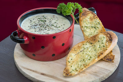 Close-up of bread in plate on table