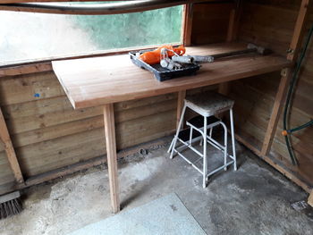 High angle view of tools on table at home