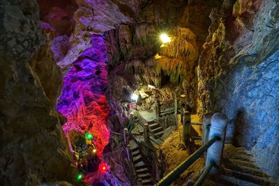 High angle view of illuminated lighting equipment on rock