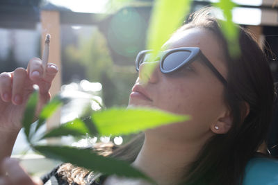 Close-up of woman holding marijuana joint by plant