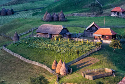 High angle view of houses in a town
