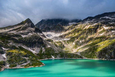 Scenic view of lake and mountains against sky