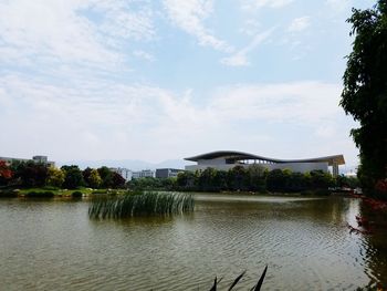 Scenic view of lake by trees against sky