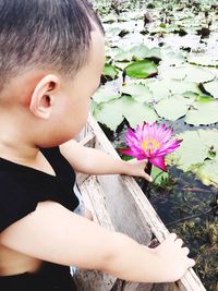 High angle view of boy with flowers