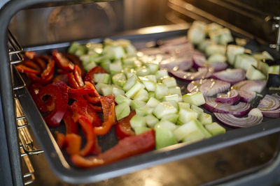 High angle view of chopped vegetables in container