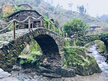 Arch bridge over river against trees