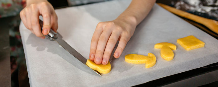 Cropped hand of person preparing food on table