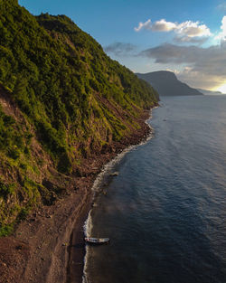 Scenic view of sea and mountains against sky