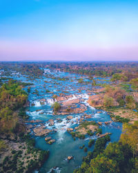 Aerial view of mekong river rapids against sky