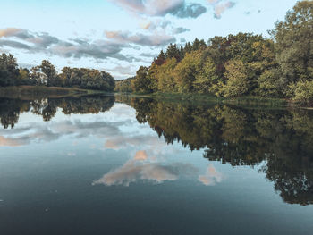 Reflection of trees in lake against sky