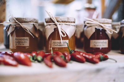 Close-up of jars on shelf