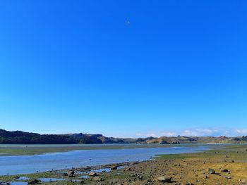 Scenic view of sea against clear blue sky