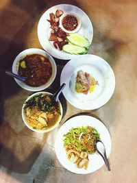 High angle view of food served on table