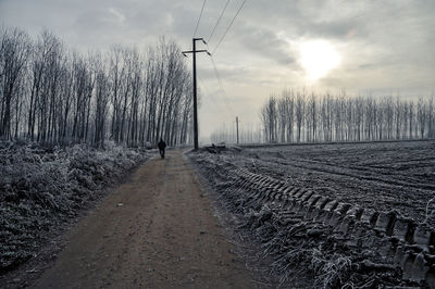 Rear view of man walking on road against sky