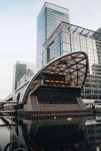 Low angle view of modern buildings by river against clear sky