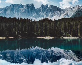 Panoramic view of snowcapped mountains and lake against sky